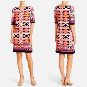 Eliza J Geometric Print Half Sleeve Pink Black Ivory Sheath Dress size 10 casual